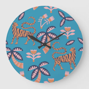 Reloj Redondo Grande Tigre retro, palmera, patrón de flor