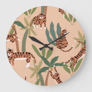 Reloj Redondo Grande Tigres de verano palmeras exóticas