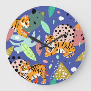 Reloj Redondo Grande Tigres Exóticos: Patrón Geométrico de moda.