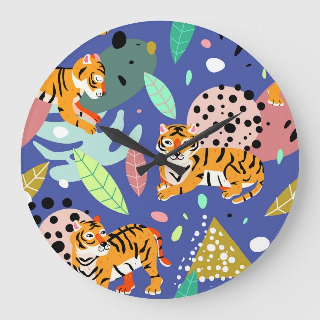 Reloj Redondo Grande Tigres Exóticos: Patrón Geométrico de moda. (Anverso)