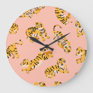 Reloj Redondo Grande Tigres personalizados, patrón de cosecha rosada.