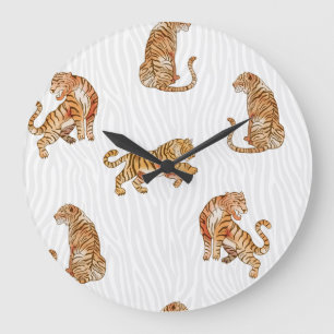 Reloj Redondo Grande Tigres salvajes: Patrón animal acuarela.