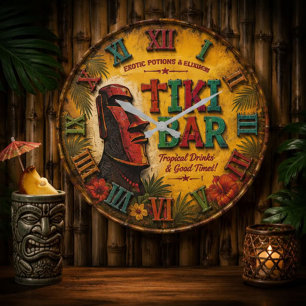 Reloj Redondo Grande Tiki Bar Vintage Island Cocktail Lounge