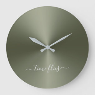 Reloj Redondo Grande Time Flies Army Green Metallic Style Acrílico
