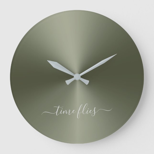 Reloj Redondo Grande Time Flies Army Green Metallic Style Acrílico (Anverso)