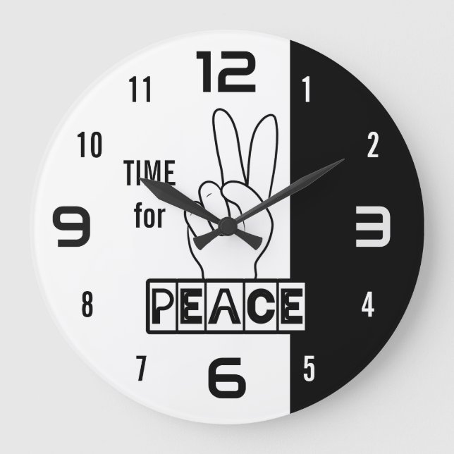 Reloj Redondo Grande Time for Peace – Black & White Hand Design (Anverso)