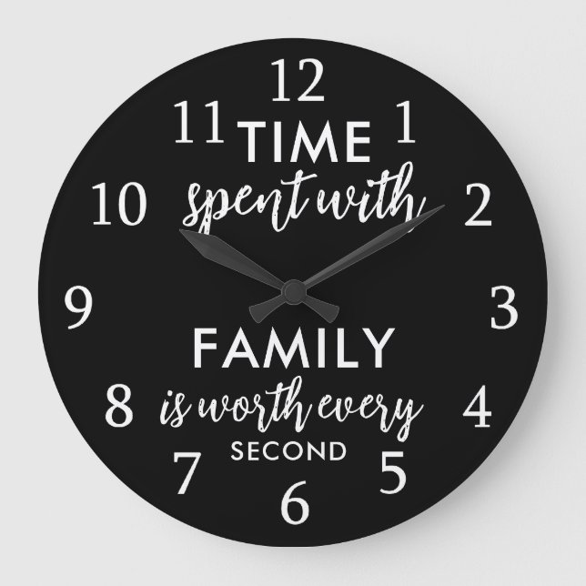 Reloj Redondo Grande Time With Family Quote Typography Black And White (Anverso)