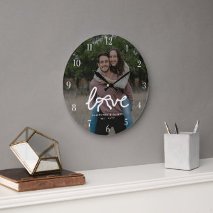 Reloj Redondo Grande Tipografía de Pareja Amor Moderno Foto Personaliza
