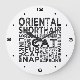 Reloj Redondo Grande Tipografía oriental de gatos de Shorthair