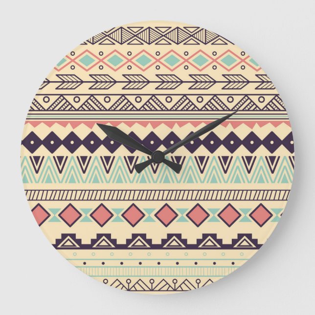 Reloj Redondo Grande Tiras tribales aztecas: Ilustracion vintage (Anverso)