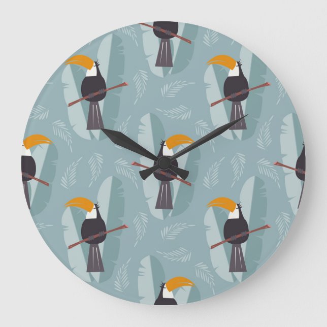 Reloj Redondo Grande Tocan de la jungla, fondo azul transparente. (Anverso)