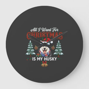 Reloj Redondo Grande Todo lo que Quiere la Navidad es Perro Husky Gorro