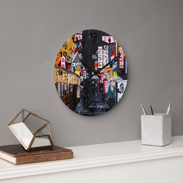 Reloj Redondo Grande Tokyo Rain Painting by Alfred Fox (Oficina)