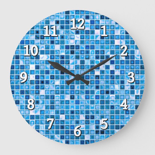 Reloj Redondo Grande Tonos De Baldosas Azules "Aguas" Mosaicas (Anverso)