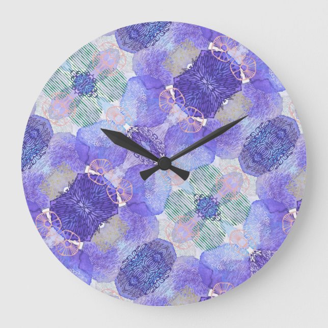 Reloj Redondo Grande Tonos de lavanda y flores abstractas verdes (Anverso)