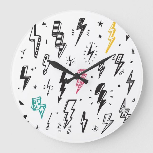 Reloj Redondo Grande Tornillos relámpagos, conjunto de doodles dibujado (Anverso)