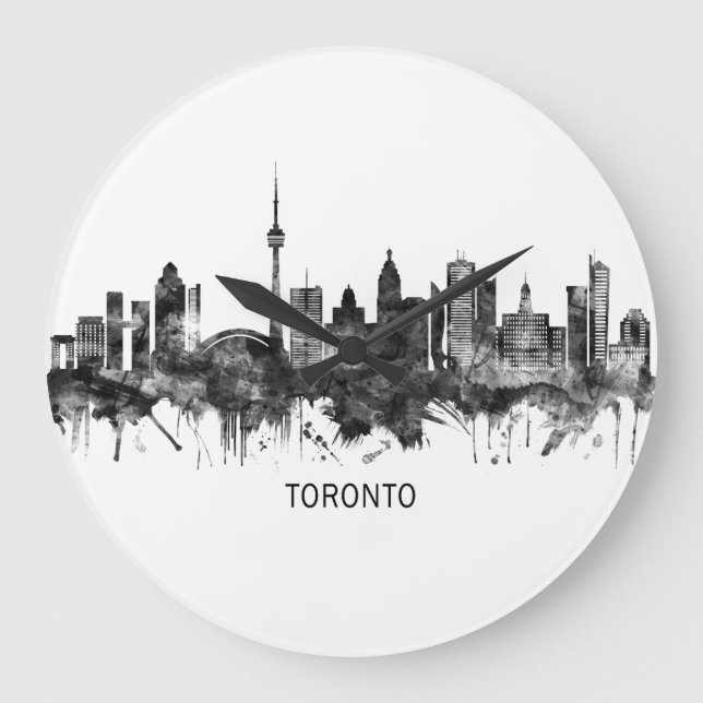 Reloj Redondo Grande Toronto Canada Skyline BW (Anverso)