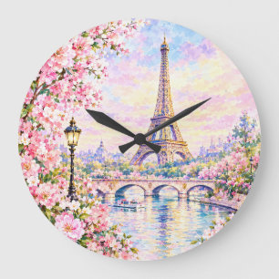 Reloj Redondo Grande Torre Eiffel acuarela París floral rosa francés