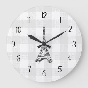 Reloj Redondo Grande Torre Eiffel Patrón de cuadros grises País Francés