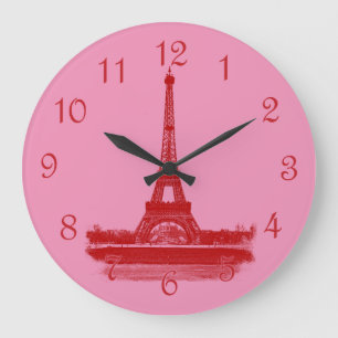 Reloj Redondo Grande Torre Eiffel Rojo Y Rosa