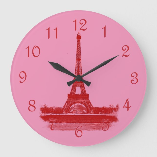 Reloj Redondo Grande Torre Eiffel Rojo Y Rosa (Anverso)