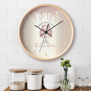 Reloj Redondo Grande Torta con gotas de purpurina rosa pastelería chef 