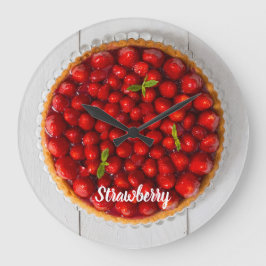 Reloj Redondo Grande Torta de fresa con menta en madera blanca
