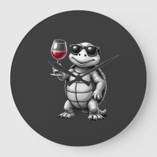 Reloj Redondo Grande tortuga genial bebiendo vino tinto impresión artís