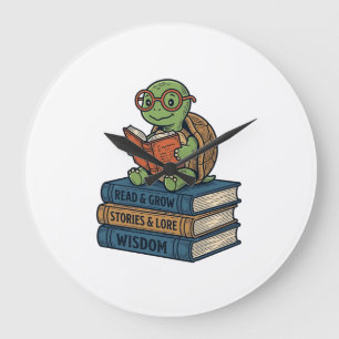 Reloj Redondo Grande Tortuga Lectora Adorable en Libros Vector Vintage_
