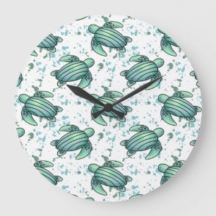 Reloj Redondo Grande tortuga marina acuarela verde azul patrón animal
