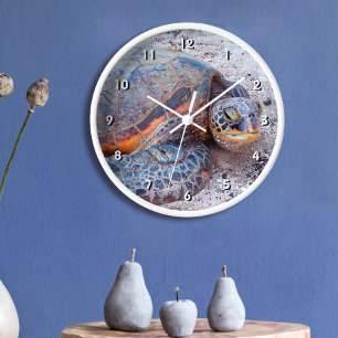 Reloj Redondo Grande Tortuga marina hawaiana Foto de playa tropical mod