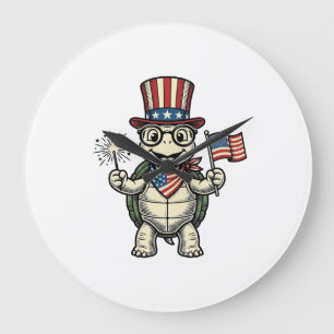 Reloj Redondo Grande Tortuga Patriótica Gráfica de Grabado Vintage para