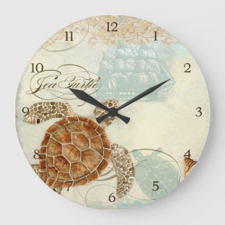 Reloj Redondo Grande Tortuga Sea Horse Beach Sand Seashage Collage