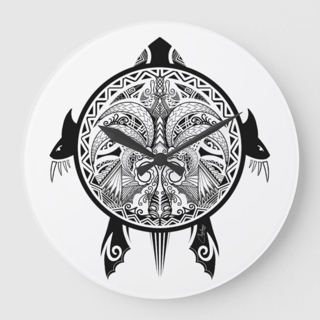 Reloj Redondo Grande Tortuga tribal del tatuaje (Anverso)