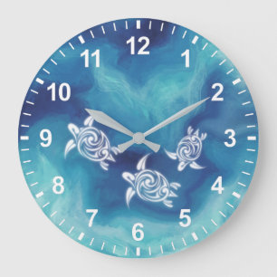 Reloj Redondo Grande Tortugas blancas en acuarela de agua de océano azu