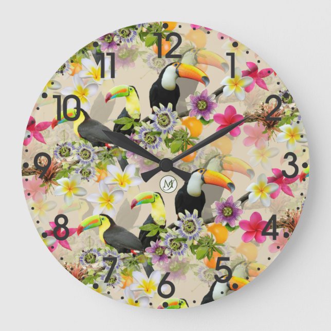 Reloj Redondo Grande Toucan Birds, Passion Flowers, Plumeria Tropical L (Anverso)