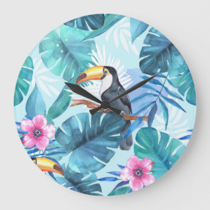 Reloj Redondo Grande Toucanes acuarelas: sin foco tropical