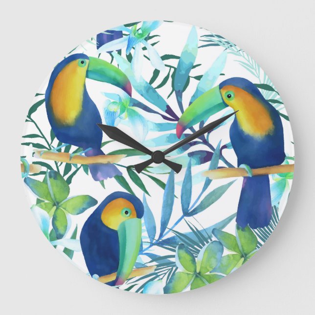 Reloj Redondo Grande Toucanes Tropicales: Patrón de Flores Exóticas. (Anverso)