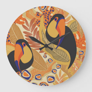 Reloj Redondo Grande Toucans en ramas, patrón tropical sin fisuras.