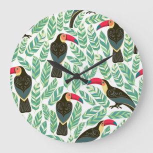 Reloj Redondo Grande Toucans, hojas tropicales, patrón decorativo.