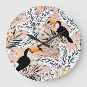 Reloj Redondo Grande Toucans, Palmas, Plumeria: Tropical Rosa.