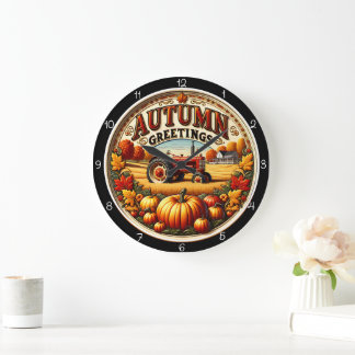 Reloj Redondo Grande Tractor de Calabazas Granja Saludos de Otoño