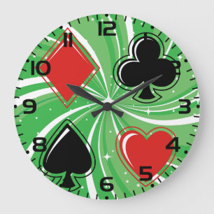 Reloj Redondo Grande Trajes de Cartas Retro Vibrantes Rojo y Negro