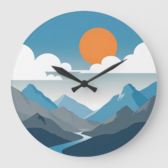 Reloj Redondo Grande Tranquil Horizon | Minimal Mountain Landscape Art (Anverso)