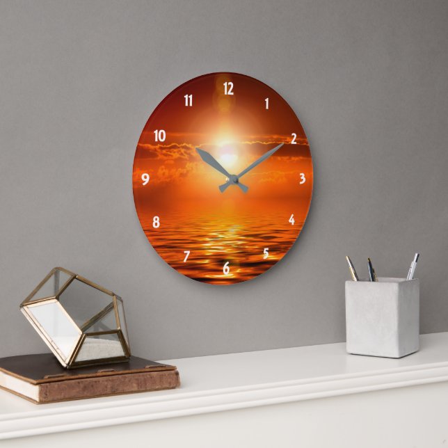 Reloj Redondo Grande Tranquilo Naranja Sunset Golden Sky sobre el océan (Oficina)