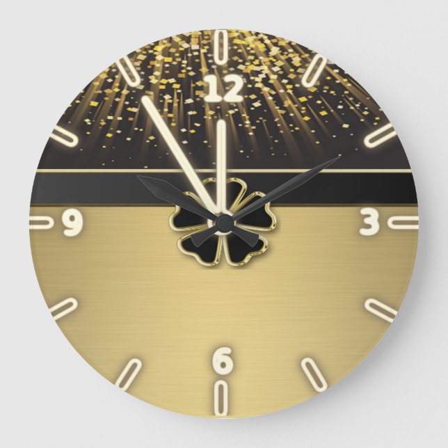 Reloj Redondo Grande Trébol irlandés elegante con clase, falso confeti (Anverso)
