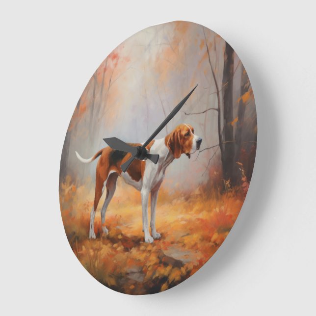 Reloj Redondo Grande Treeing Walker Coonhound in Autumt Leaves fall (Ángulo)