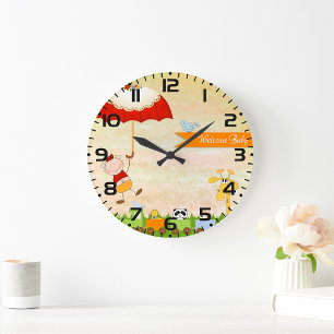 Reloj Redondo Grande Tren de Baby Shower con Animales y Paraguas