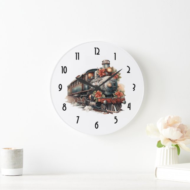 Reloj Redondo Grande Tren de vapor de época Navidades tradicionales (Hogar)