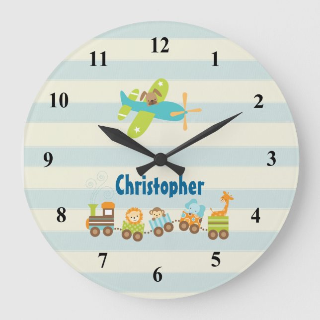 Reloj Redondo Grande Tren y aeroplano animales del juguete en rayas (Anverso)
